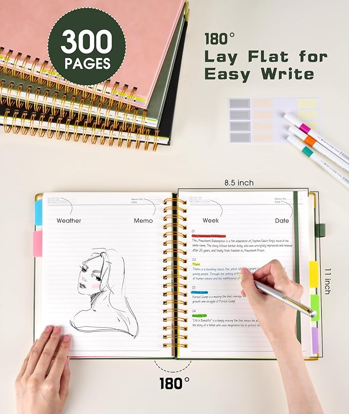 Hardcover Spiral Notebook 8.5"x11" Journal with Removable Dividers Tabs, 300 Pages Leather 5 Subject Notebook College Ruled, Large A4 Notebooks for Work School, Lined Journal for Women, A4 Green