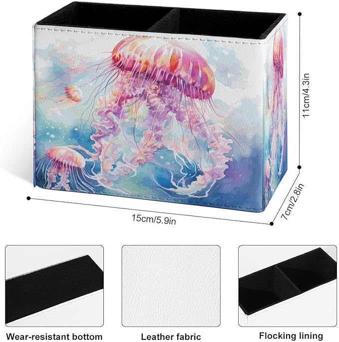 Famame Cute Watercolor Jellyfishes Pencil Holder for Desk, Leather Desktop Container Pen Cup Storage Study Table Pen Organizer Makeup Brush Holder for Classroom Office Home