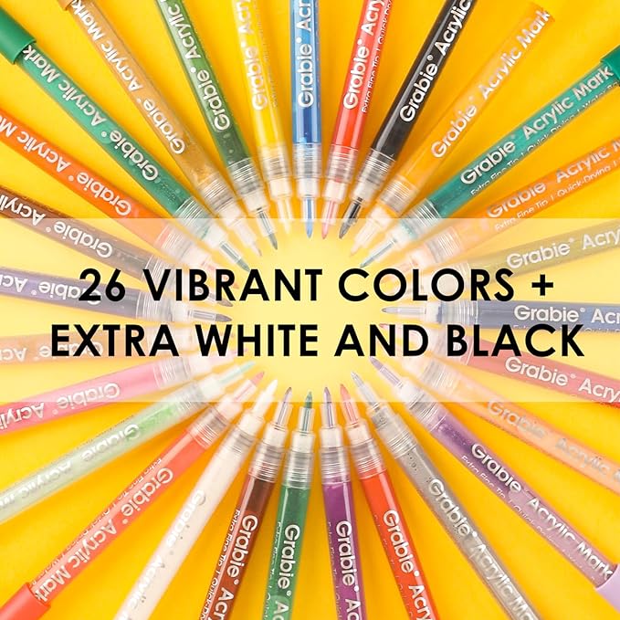 Grabie Acrylic Paint Pens Markers, 28 Colors, 0.7 mm, Extra Fine Tip Drawing Markers, Premium Paint Pens for Painting on Various Surface, Art Supplies, Set of 28