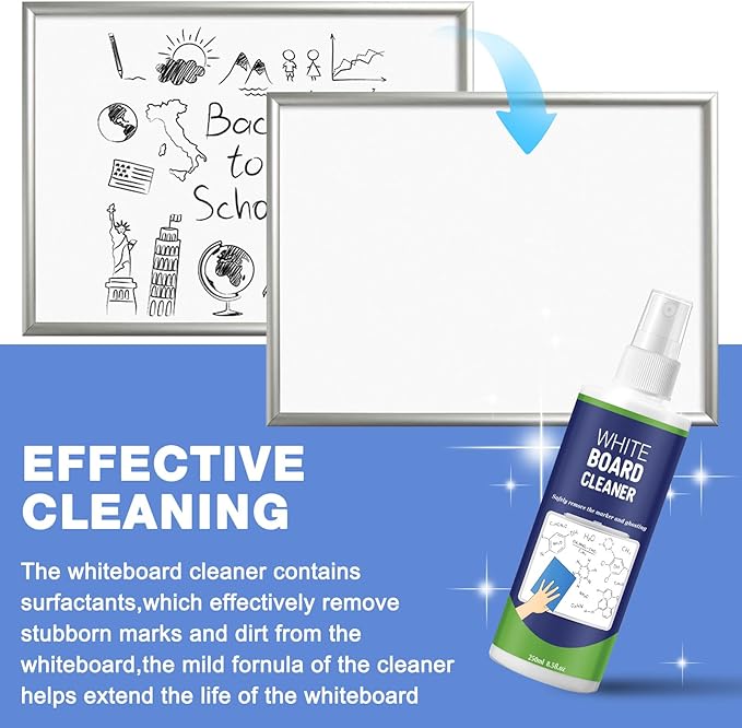 Dansib 12 Pack Whiteboard Cleaner Spray 8.5oz Dry Erase Board Cleaner with 6 Cloths Non Toxic Dry Erase Cleaner Removes Stubborn Marks from Whiteboards