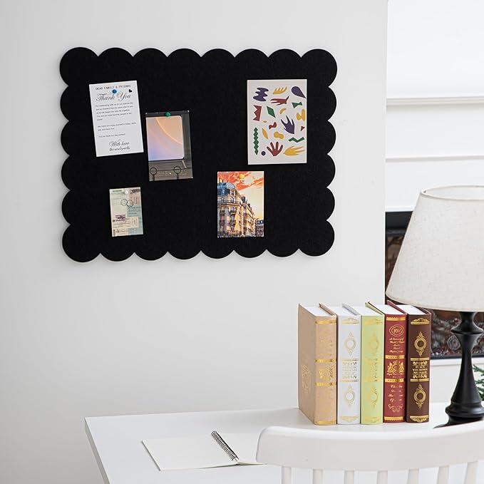 Mooliwe Scalloped Felt Bulletin Board 24 x 18 Inches Foldable Black Pin Cork Board Alternative for Wall, 2' x 1.5' Trifold Picture Vision Self Adhesive Bulletin Decorative