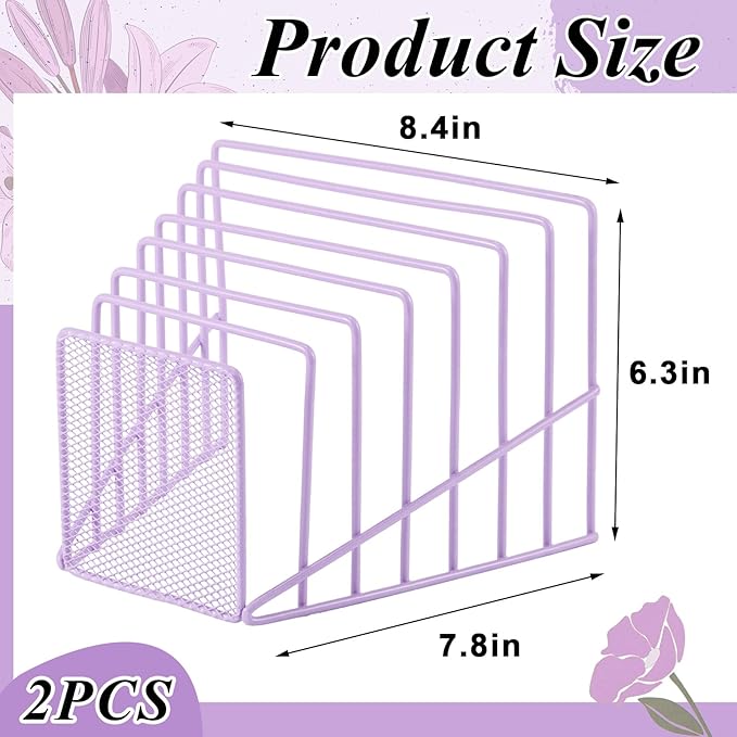 2 Pcs 7 Section Incline File Sorter Metal Wire Mesh File Rack for Desktop Letter Sorter for Magazine Folder Book Organizer Home Office School Paper Mail Desk Storage Holder (Purple)