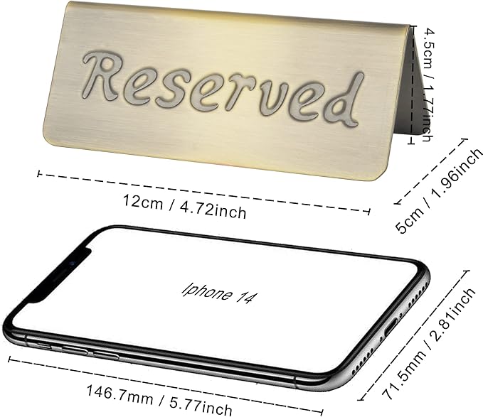 2 Pack Small Reserved Table Signs for Restaurants,Dinner Parties,Banquets,Events,Stainless Steel Table Tent Place Signs,10 Year’s Use,Etched Design,Double Sided View,4.7x1.9 In,(Vintage Yellow)