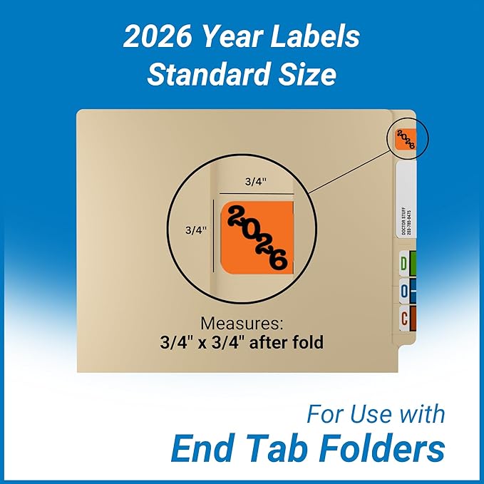 2026 Year Labels, Doctor Stuff 2026 Chart Stickers, Ringbook Sheets, Orange/Black Color Coded, Jeter Style, USA Made Year Stickers for End Tab File Folders, 270/Package, 3/4" x 1-1/2"