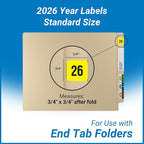 2026 Year Labels, Doctor Stuff 2026 Chart Stickers, Fluorescent Yellow Color Coded, USA Made Year Stickers for End Tab File Folders, 500 Labels/Roll in a Dispenser Box, 3/4" x 1-1/2"
