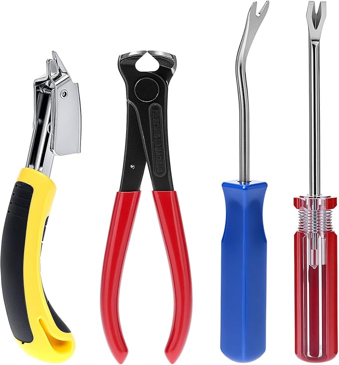 QWORK 4 Pcs Staple Remover Tool and Nail Puller Set, End Cutting Plier, V Tip Tack Pullers, for Furniture Floor Wall Car