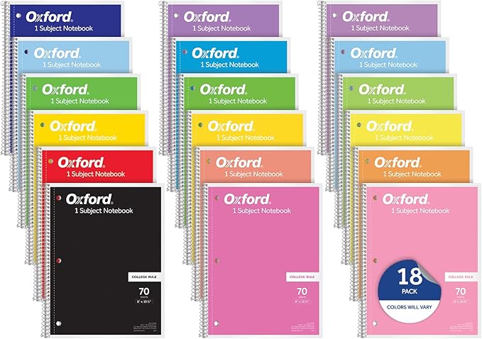 Oxford Spiral Notebooks, 18 Count Bulk Pack, 1 Subject, College Ruled Notebooks for School, 8 x 10.5 Inches, 70 Sheets, Assorted Colors, Back to School Supplies (65206)