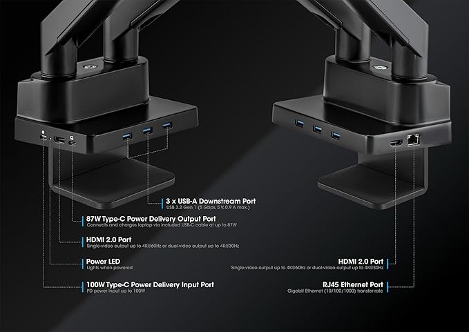 Manhattan Aluminium Desk Mount with Gas Lift for Dual Monitors & 8-in-1 Docking Station, for Monitors from 17" to 32" and up to 9 kg per arm, Black, 461887