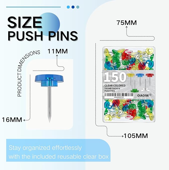 150 PCS Colored Push Pins for Wall Thumb Tacks for Walls Flat thumbtacks Push pin for Bulletin Board Shadow Box Display Thumbtack for Cork Board (Clear Colored)