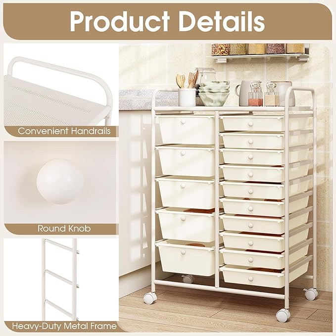DORTALA 15-Drawer Rolling Storage Cart with Drawers, Rolling Utility Cart w/Removable Drawers & Universal Wheels, Tools Scrapbook Paper Organizer for School, Office, Home, Classroom (Ivory)