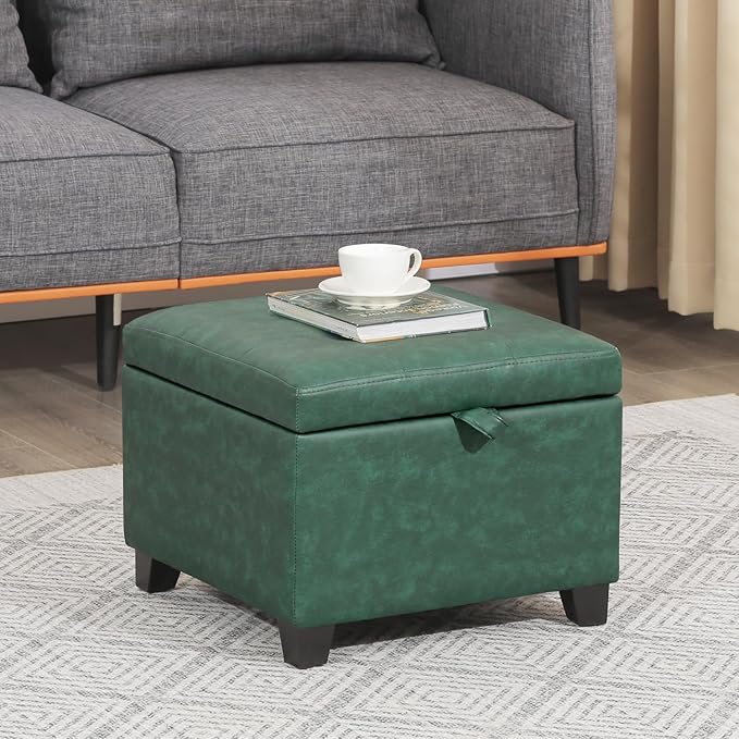 Adeco Green Faux Leather Storage Ottoman with Hinged Lid, 14" Green Square Cube Foot Stool with Storage, Upholstered Vanity Stool with Black Solid Wood Legs for Living Room, Bedroom