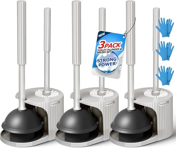 FORASTO 3Pack 2 in 1 Toilet Brush and Plunger Set, Extended Handle Plunger,Toilet Bowl Brush Plunger Set,Bathroom Cleaning Tools,Toilet Brush Plunger Combo,Cleaning Brush,Cleaning Supplies, Light gray