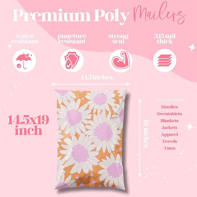Pretty Package Store 14.5x19 Designer Poly Mailer 100 Pack Heavy Duty Waterproof Self Seal Shipping Bags for Small Business Large Mailing Envelopes Bulk Tear Resistant Packaging Pink Blooms Flowers