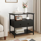 Edbuosy 27 Inch Wide Night Stand with Charging Station, Wood Nightstand with Open Shelf, Large Drawer Bedside Table for Living Room/Bedroom/Office (Black)