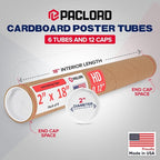 Paclord 2" x 18" Heavy-Duty Reinforced Cardboard Mailing Tube, Pack of 6 Tubes with 12 Caps – Secure USPS Approved – Great for Shipping and Storing of Prints, Artwork, Posters or Documents