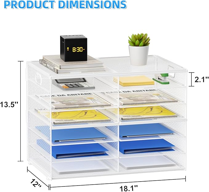 Lavatino 12 Compartments Paper Organizer for Desk, Mesh Literature Organizer, Mail File Sorter Tray with Handle, Desktop Mailbox for Office Classroom Home - White