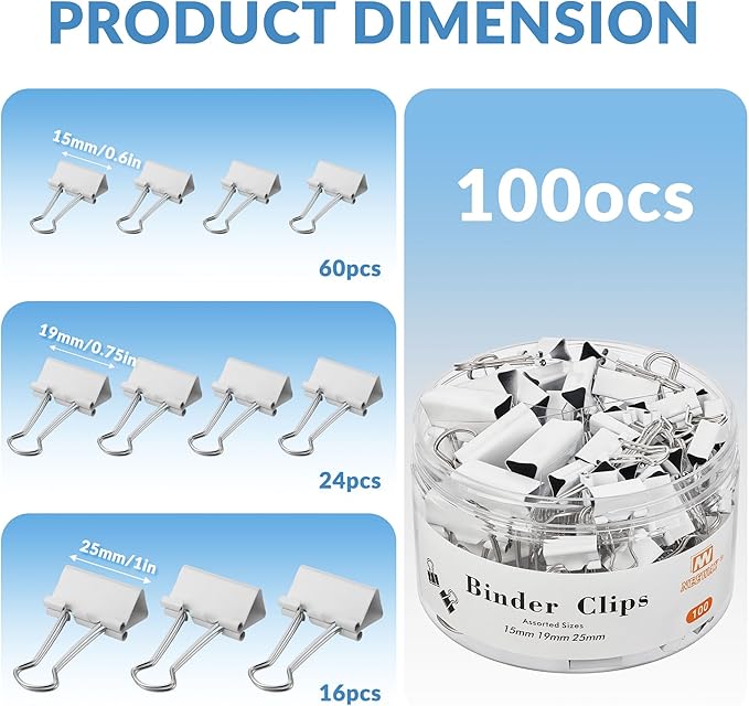 NEEWAY 100 Count Binder Clips Assorted Sizes, Paper Binder Clips (0.6inch 0.75inch 1inch), Metal Paper Clamps for Office and Home (White)
