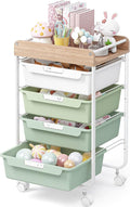 Rolling Storage Utility Cart With 4 Drawers,Kids Craft Art Cart,Makeup Organizer And Storage with Wooden Tabletop,Green