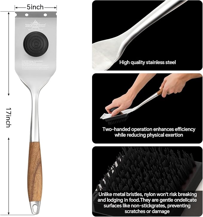XUDAKAIXIN Grill Brush and Scraper, Dual Grip Design,Extra Strong BBQ Cleaner Accessories,Safe Nylon Bristles Barbecue Triple Scrubbers Cleaning Brush for Cast Iron Grates/Porcelain/Charcoal Grill