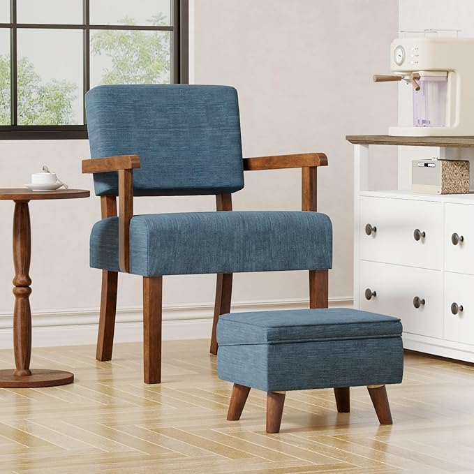 FAGAGA Small Footstool Ottoman with Storage, Ottoman Foot Rest, Modern Foot Stool with Adjustable Lid and Sturdy Wood Legs for Living Room, Bedroom, Couch, Enterway, Blue