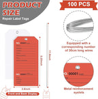 100 Pack Red Repair Tags with Wire Rope Service Repair Tags Numbered with Wire Durable 2.6 x 5.25 Inch Labels for Production Equipment Maintenance Price Notice (100, Red, 2.6x5.25in)