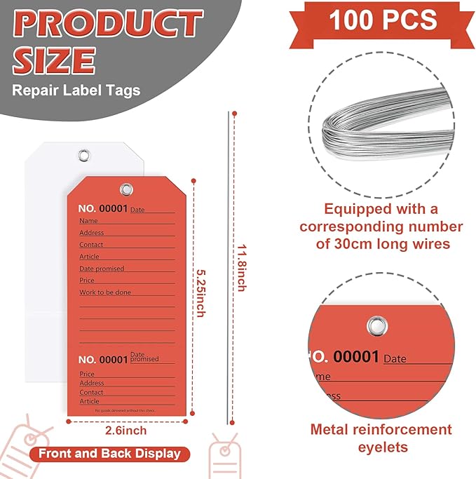 100 Pack Red Repair Tags with Wire Rope Service Repair Tags Numbered with Wire Durable 2.6 x 5.25 Inch Labels for Production Equipment Maintenance Price Notice (100, Red, 2.6x5.25in)