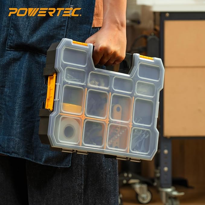 POWERTEC Small Parts Organizer & Tool Box – 14 Compartments, Stackable Storage with Interlocking Latch, Removable Dividers, Clear Lid, Portable Design (72364)