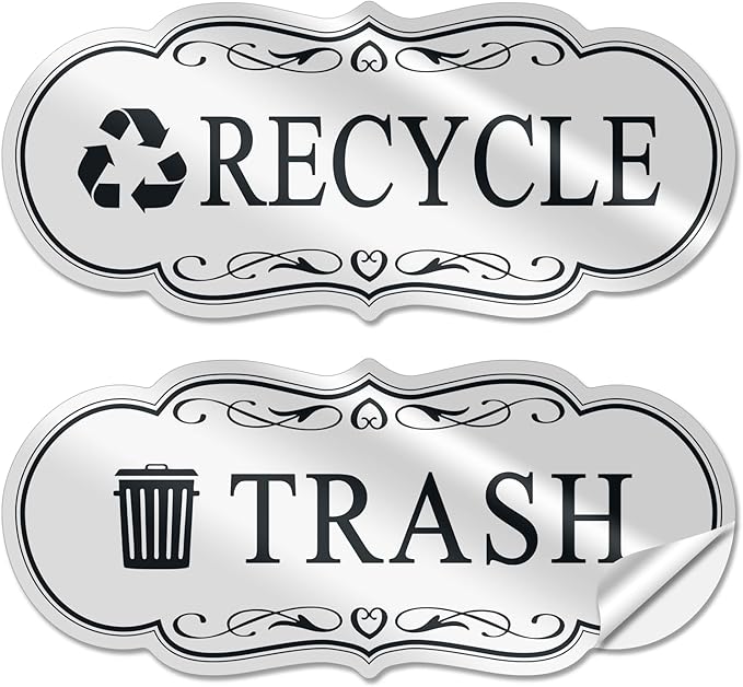 ASAVI Trash & Recycle Stickers – 2-Pack Self-Adhesive Vinyl Labels, Waterproof & Durable (White, Medium 6.3 x 2.7 inches)