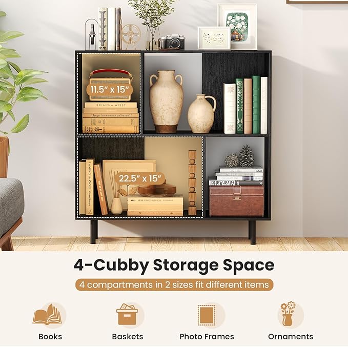 Tangkula 4 Cubby Open Bookcase, 3-Tier Freestanding Bookshelf with Detachable Metal Legs, Anti-toppling Device, Anti-Falling Baffles, Modern Cubicle Display Shelf (1,Black)