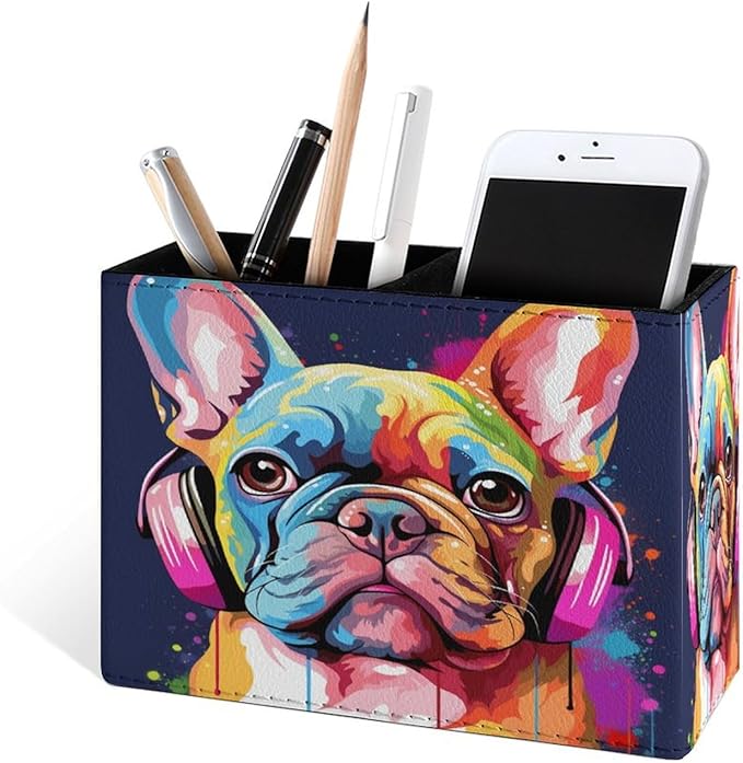 Famame Colorful Dog French Bulldog Pencil Holder for Desk, Leather Desktop Container Pen Cup Storage Study Table Pen Organizer Makeup Brushes Holder for Office Home