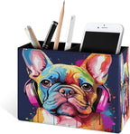Famame Colorful Dog French Bulldog Pencil Holder for Desk, Leather Desktop Container Pen Cup Storage Study Table Pen Organizer Makeup Brushes Holder for Office Home