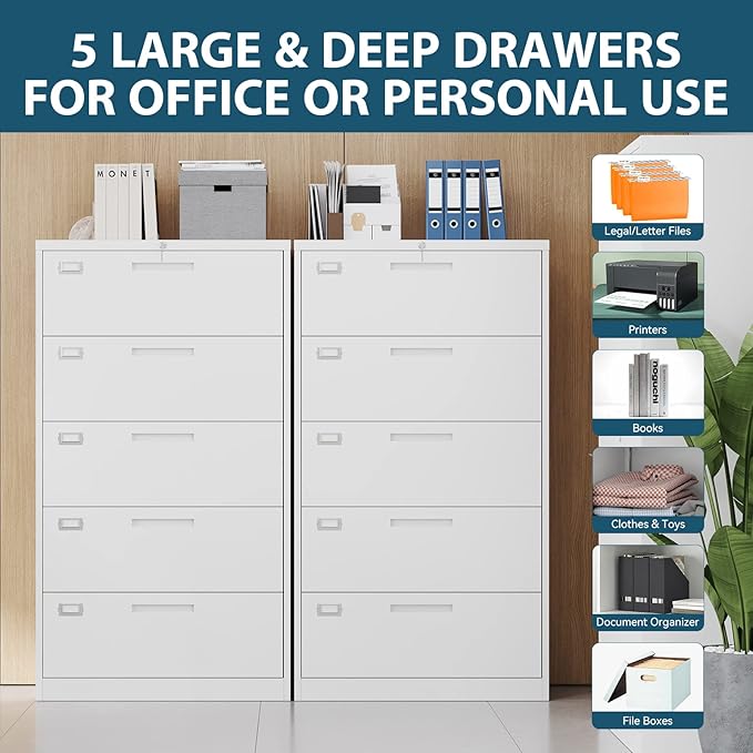 MIIIKO Lateral File Cabinet with Lock, 5 Drawer Metal File Cabinets 35.4" Wide, Home Office Locking Filing Cabinets for Legal Letter File Folders