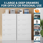MIIIKO Lateral File Cabinet with Lock, 5 Drawer Metal File Cabinets 35.4" Wide, Home Office Locking Filing Cabinets for Legal Letter File Folders