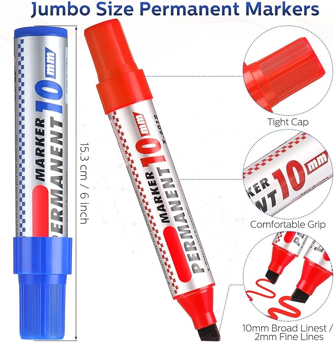 Thenshop 24 Pack Jumbo Permanent Markers Bulk: Large Chisel Tip Permanent Markers Quick Drying Waterproof Pallet Pens for Office Logistics Company and More(Black, Blue, Red and Green)