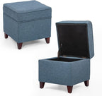 Adeco 17" Square Ottoman with Storage, Small Blue Storage Ottoman Foot Rest with Hinged Lid & Solid Wood Legs, Linen Fabric Foot Stool for Living Room & Bedroom, Seasonal Home Refresh & Gifting