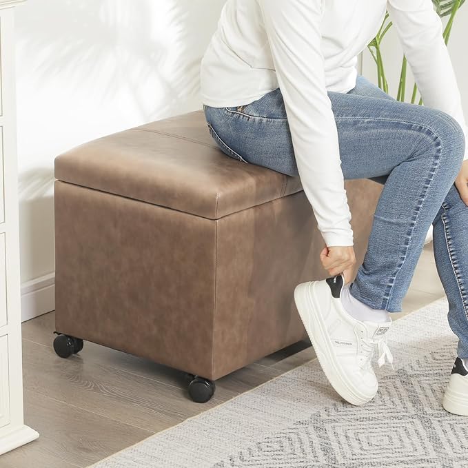 Joveco 24" Linen Storage Ottoman Bench with Wheels, Rectangle Foot Rest Stool for Living Room, Bedroom, Entryway, Earthy Light Brown Veining