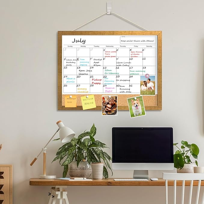 Calendar Whiteboard for Wall, 18x24 Inches White Board Calendar Dry Erase, Magnetic Monthly White Board with Gold Wood Frame, Hanging Dry Erase Board for Kitchen Home Office School Planner