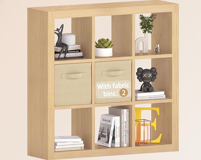 Bookshelf with Storage Bins, 9-Cube Storage Organizer Sturdy Wooden Bookcase Open Book Shelf, Multifunctional Cubicle Rack for Storage & Display, Furniture for Living Room Bedroom Office, Oak