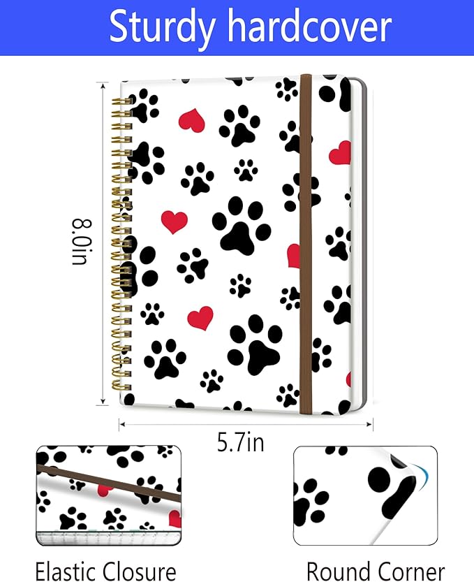 DHGPTS Spiral Journal Notebook, A5 Cute Notebooks for Women Men, College Ruled Hardcover Notebook for Work & Note Taking, 60 Pages Double-Wire Journals for Writing, White Cute Dog Paws