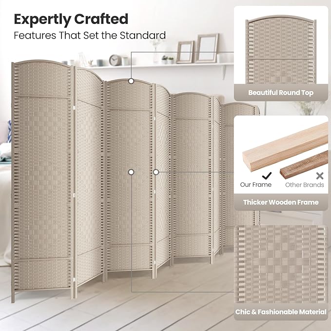 Cocosica 8 Panel Room Divider,6Ft Folding Privacy Screen,Tall - Extra Wide Foldable Panel Partition Wall Divider with Diamond Double-Weaved Hand-Woven Design Room Screen Divider