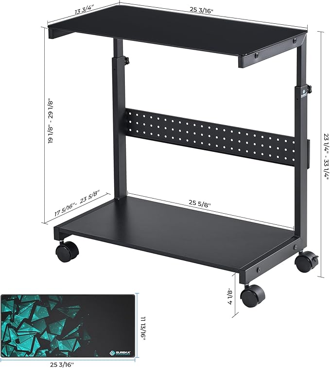 EUREKA ERGONOMIC PC Stand Computer Cart Frosted Glass, Height Adjustable Tower Stand 2-Tier Suit for ATX Case Printer, Metal Rolling Cart on Wheels for Gaming Home Office, Black