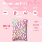 Pretty Package Store 10x13 Designer Poly Mailer 100 Pack Heavy Duty Waterproof Self Seal Shipping Bags for Small Business Large Mailing Envelopes Bulk Tear Resistant Cute Packaging Happy Hearts