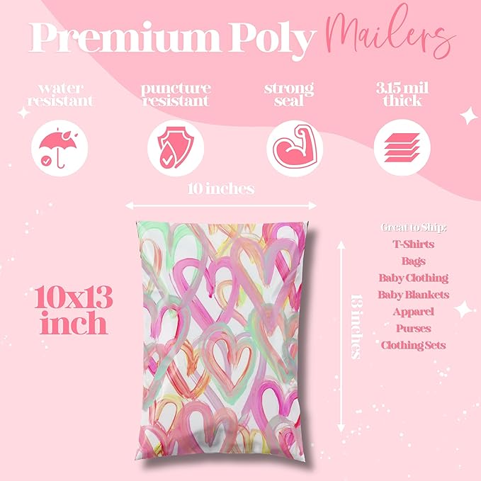 Pretty Package Store 10x13 Designer Poly Mailer 100 Pack Heavy Duty Waterproof Self Seal Shipping Bags for Small Business Large Mailing Envelopes Bulk Tear Resistant Cute Packaging Happy Hearts