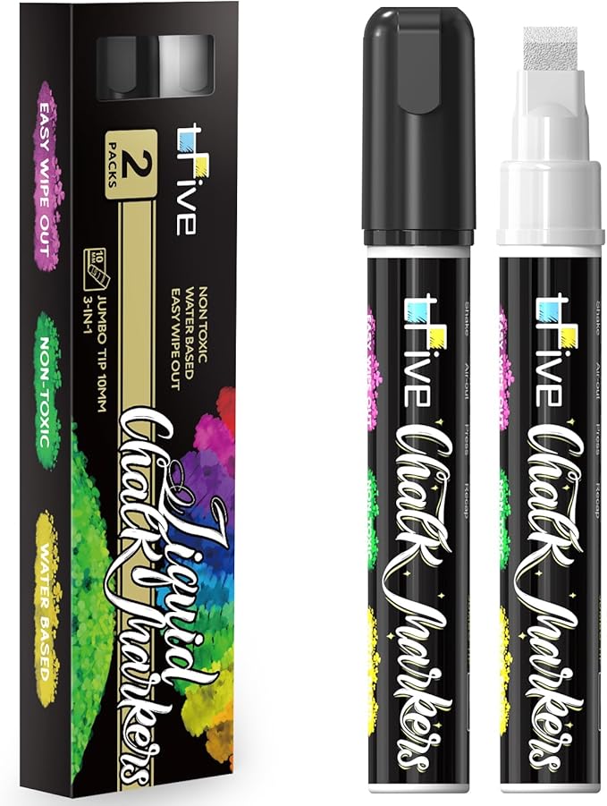 TFIVE White&Black Chalk Markers - 2 Pack Jumbo Liquid Chalk Pens with 10mm 3 in 1 Nib Wide Tips, Dry & Wet Erase Marker Pens for Glass, Chalkboard, BlackBoard, Windows, Calendar, Pumpkin, Mirror