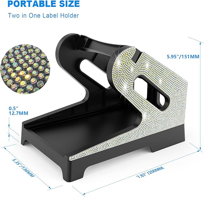 Vazioyar Shining Rhinestone Label Holder,Thermal Label Holder for Rolls and Fan-Fold Labels, Sticker Roll Holder Work with Desktop Label Printer, Label Stand Shipping Supplies for Home Office