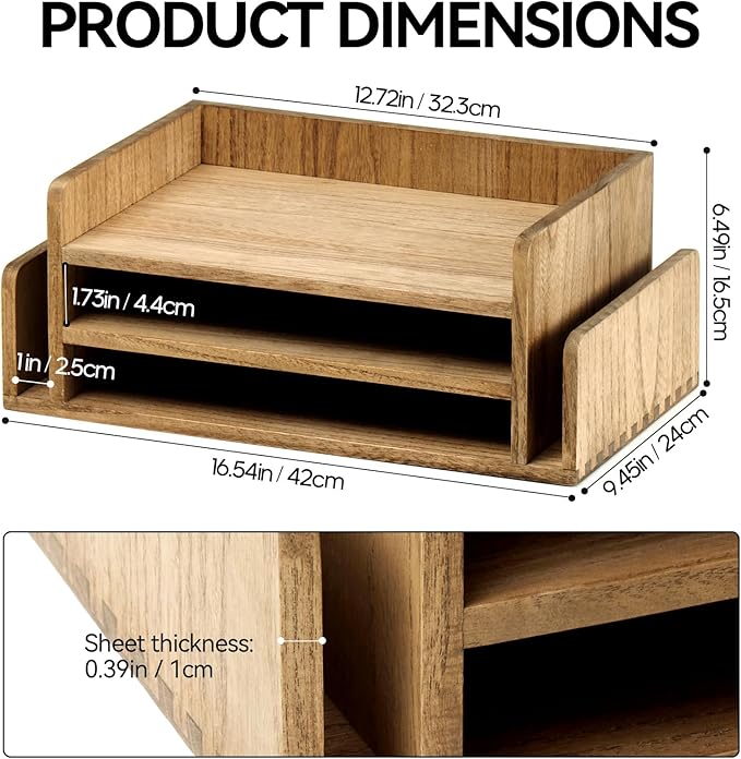 KIRIGEN Wood Desk Organizer 5 Trays - Desktop Document Letter Tray for Folders, Mail,File -Nature 3-Tier Office Mail Sorter Organizer Rack/Telephone Stand/Document Holder Dark Brown(2TP-DBR)