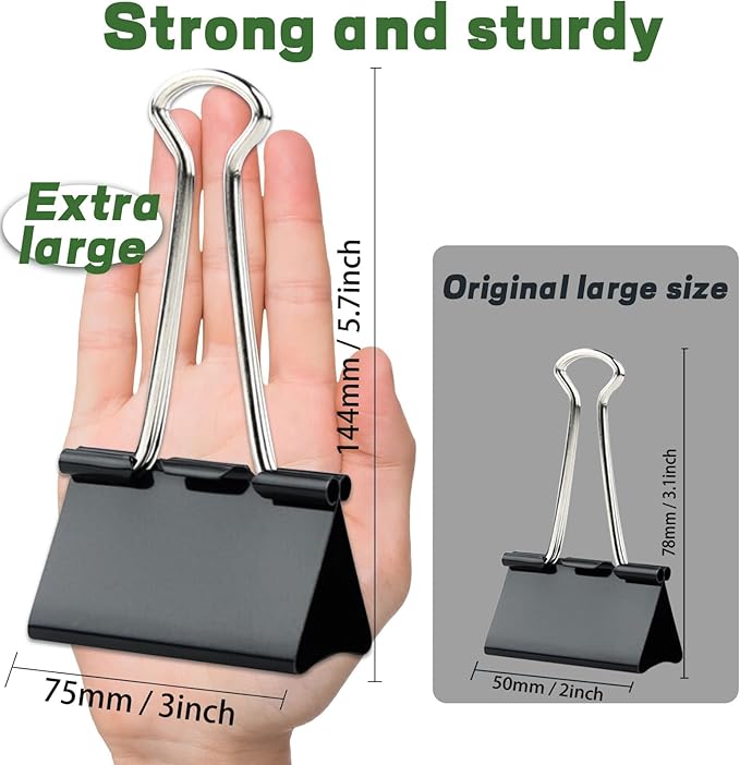 TOTDTDA 3 Inch Extra Large Jumbo Binder Clips (24 Pack), Heavy Duty Paper Clamps for Office and Home Supplies, Black