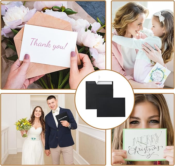 Silunkia 100 Packs Black Blank Greeting Cards with Envelopes 4 x 6 Heavyweight Single Panel Cardstock and A4 Envelopes Printable Self Seal for Graduations, Wedding Invitations, Thanksgiving Cards