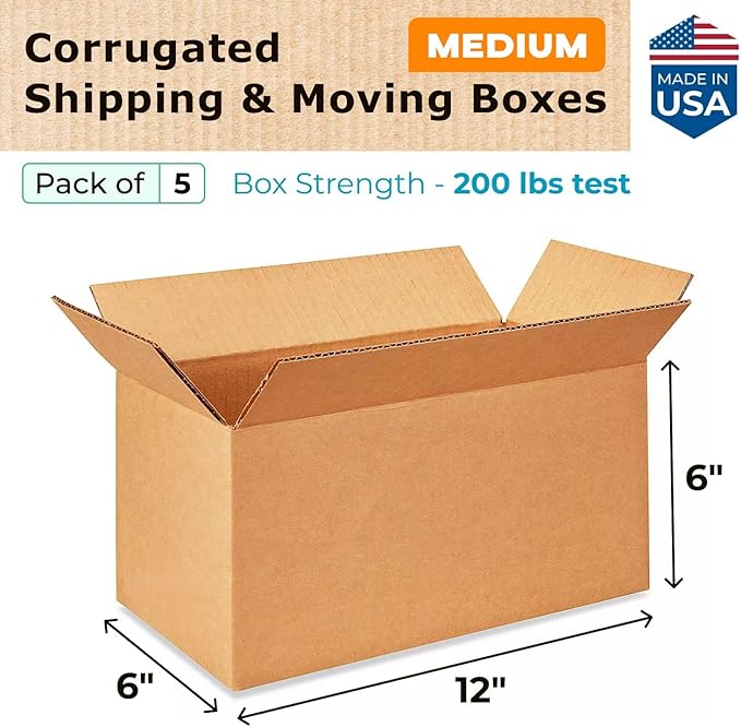 IDL Packaging - B-1266-5 Small Corrugated Shipping Boxes 12"L x 6”W x 6"H (Pack of 5) - Excellent Choice of Strong Packing Boxes for USPS, UPS, FedEx Shipping