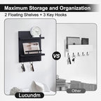 Lucundm Key Holder Wall Mount, Mail Shelf Decor with 3 Key Hooks, Versatile Wood Wall Organizer for Entryway Hallway (8.2” x 10.6”x 3.6”) (Black)